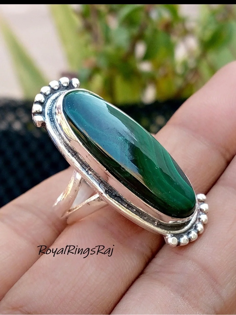925 Sterling Silver Long Oval Green Malachite Statement Ring